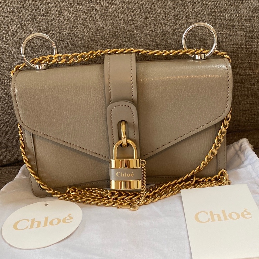 CHLOE Shiny Goatskin Calfskin Aby Chain Shoulder Bag Motty Grey!